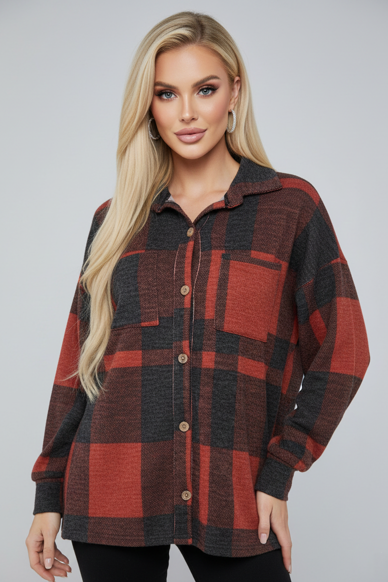 2866 Red & Charcoal Plaid Shacket