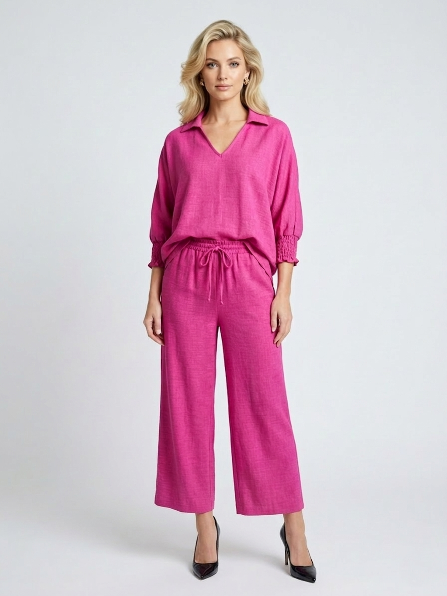 5820-S Bold Fuchsia Smocked Sleeve Blouse and Drawstring Pants Two-Piece Set