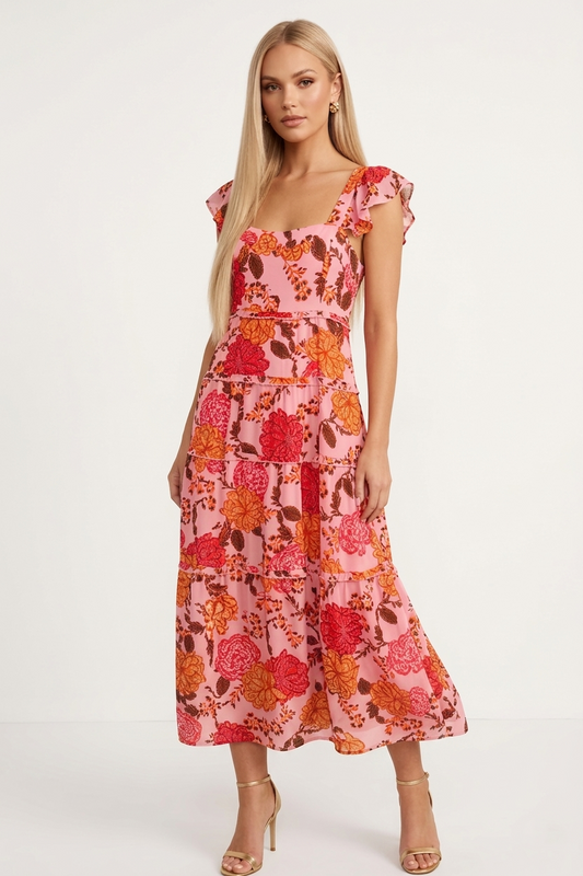 388 Pink Tropical Bloom Midi Dress