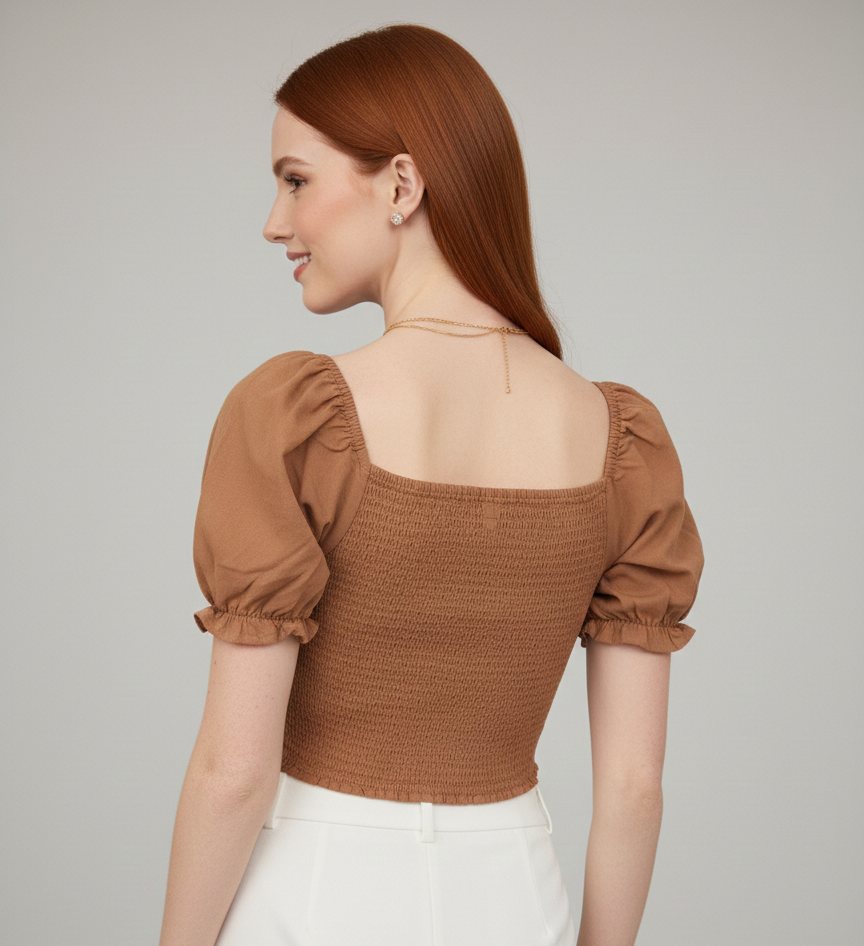 2351 Mocha Smocked Puff Sleeve Crop Top