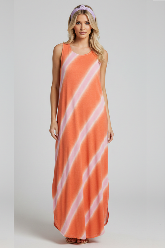 8296 Blush Pink & Coral Summer Stripe Sleeveless Dress