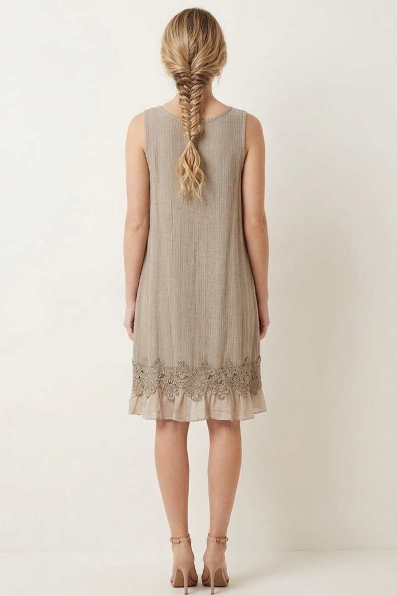 85000 Taupe Sleeveless Dress with Lace Hem