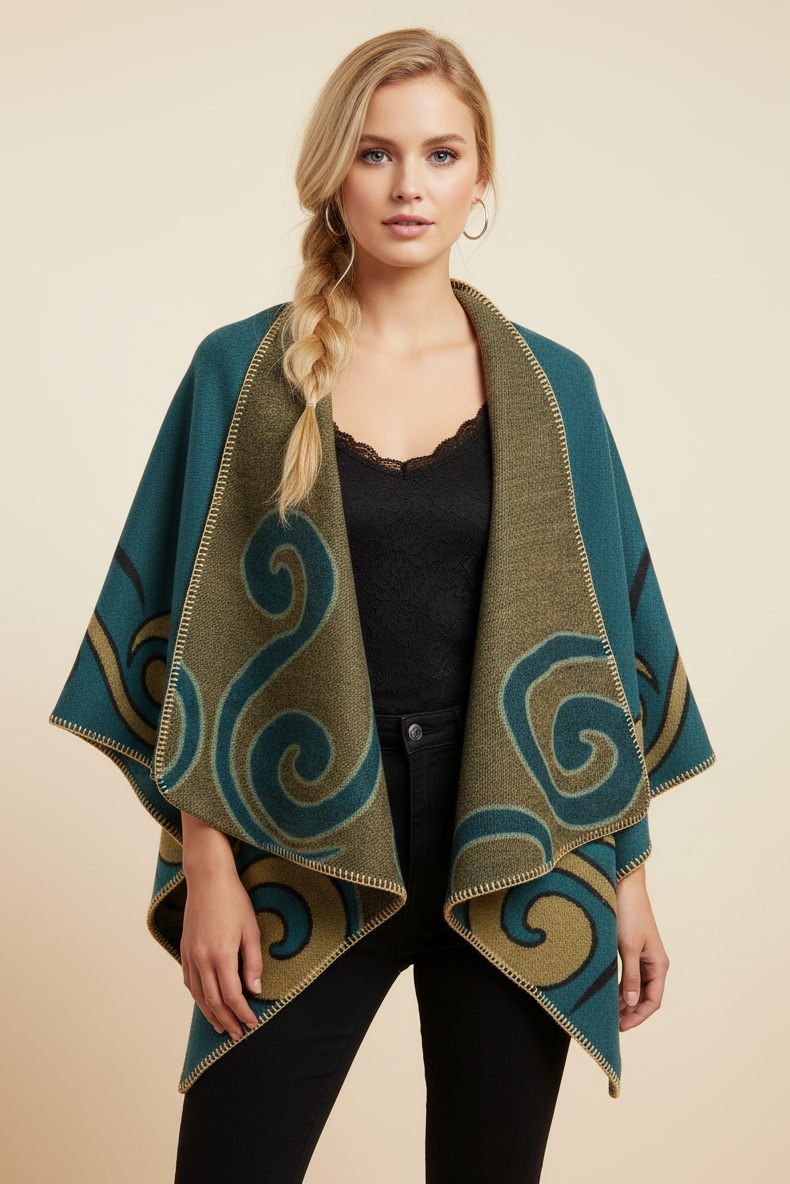 P-100 Reversible Artisan Teal Mustard Gold Wave Wrap