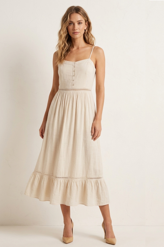 4825 Cream Button-Front Lined Midi Dress