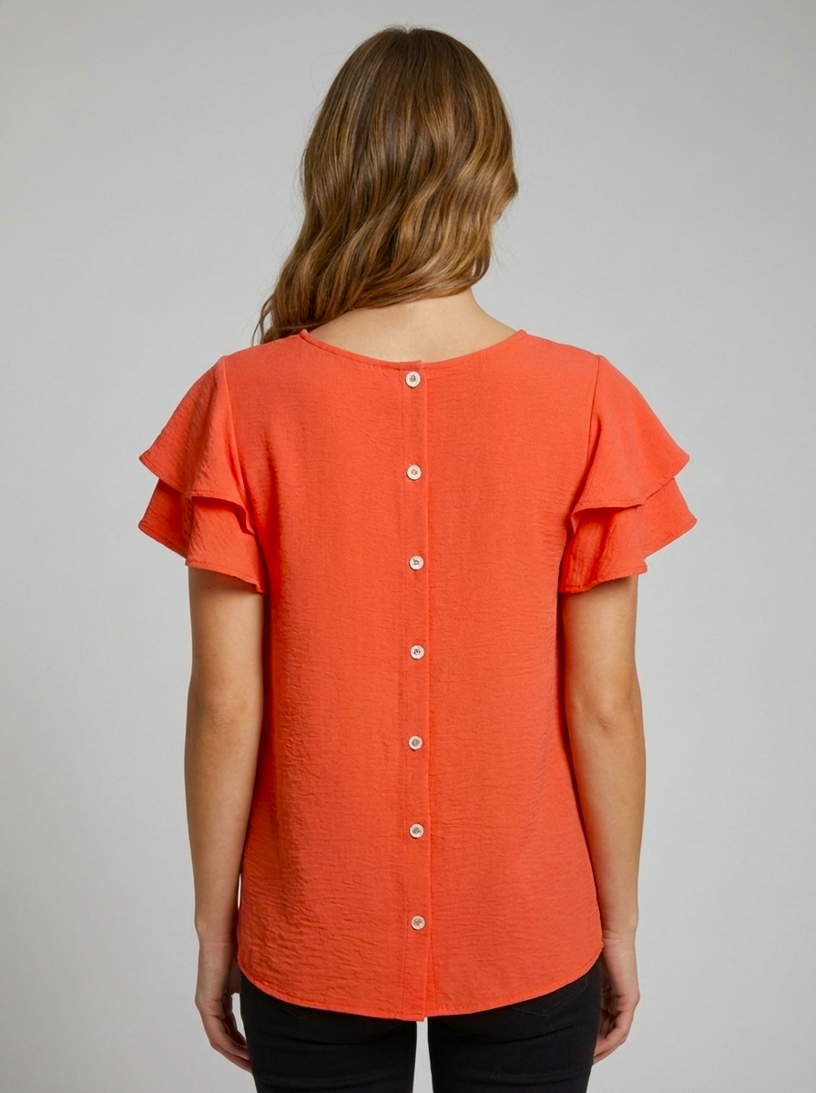 5812 Coral Orange Ruffle-Sleeve Button-Back Blouse