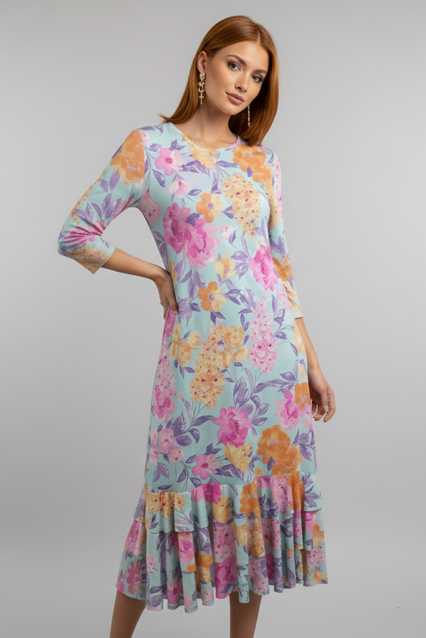 5861 Aqua Blossom Ruffled Midi Dress