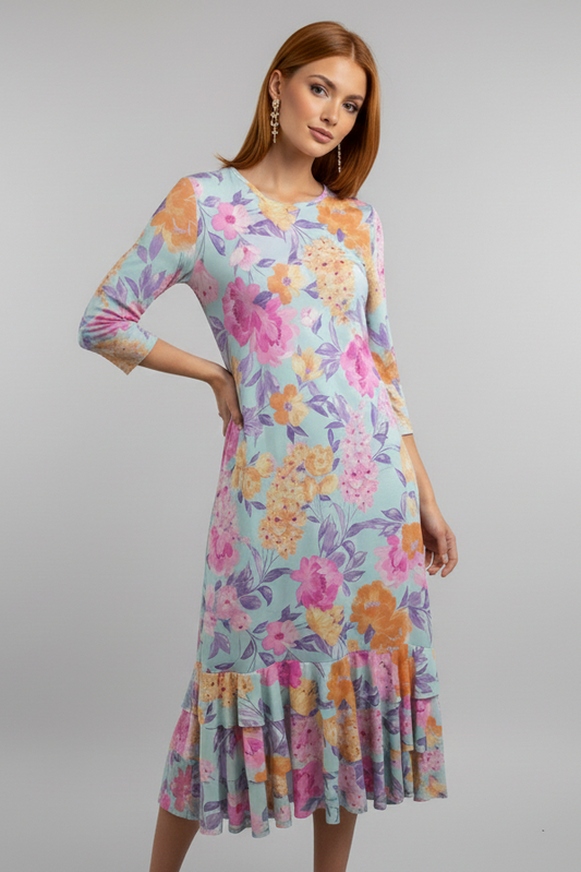 5861 Aqua Blossom Ruffled Midi Dress