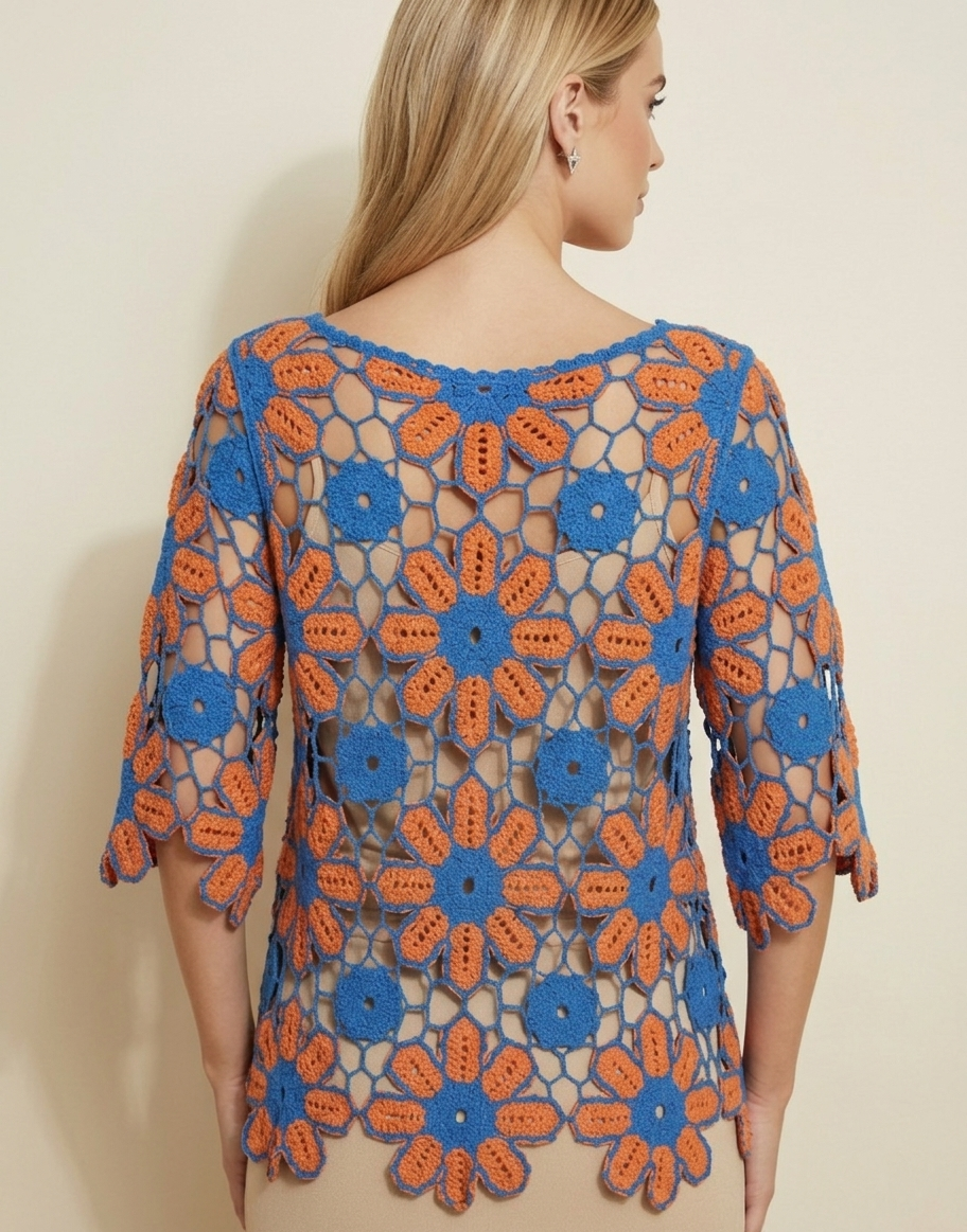 C101 Tangerine & Blue Boho Crochet Top