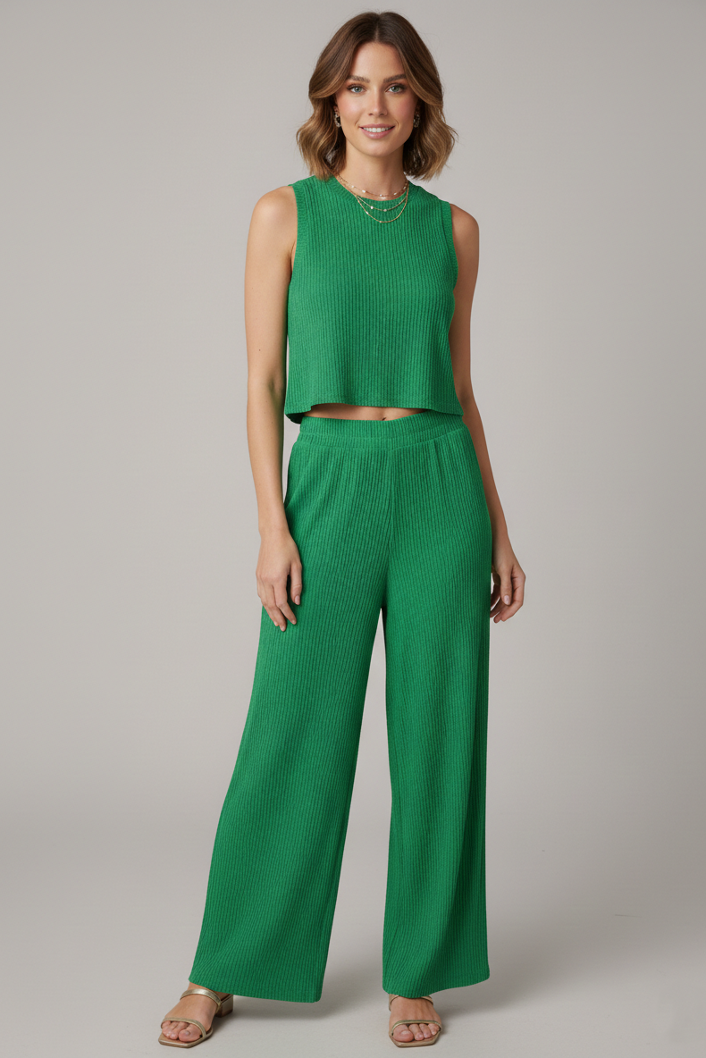 IRIS-1S Emerald Breeze Sleeveless Crinkle Top & Wide-Leg Pant Set