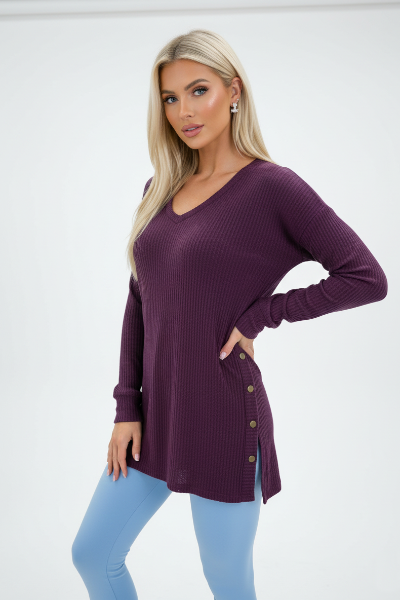 2745 Waffle Knit V-Neck Violet Top with Adjustable Side Snaps Plus