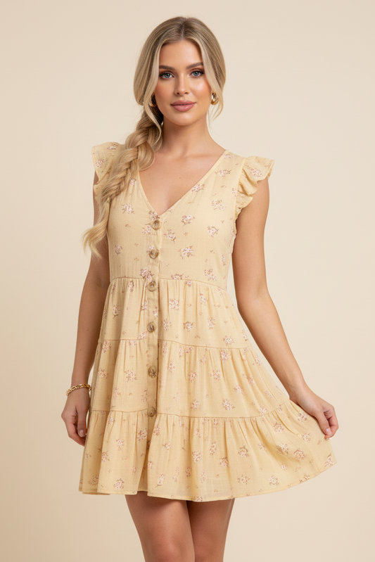 1955 Buttercup Bloom Ruffle Sleeve Tiered Dress