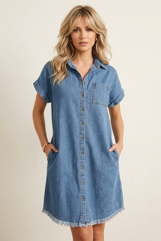 16805 Denim Shirt Dress with Frayed Hem and side pockets