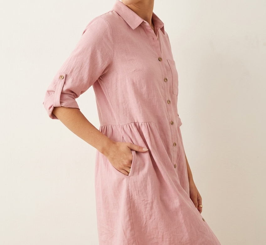 9887 Blush Pink Button-Down Linen Dress with pockets