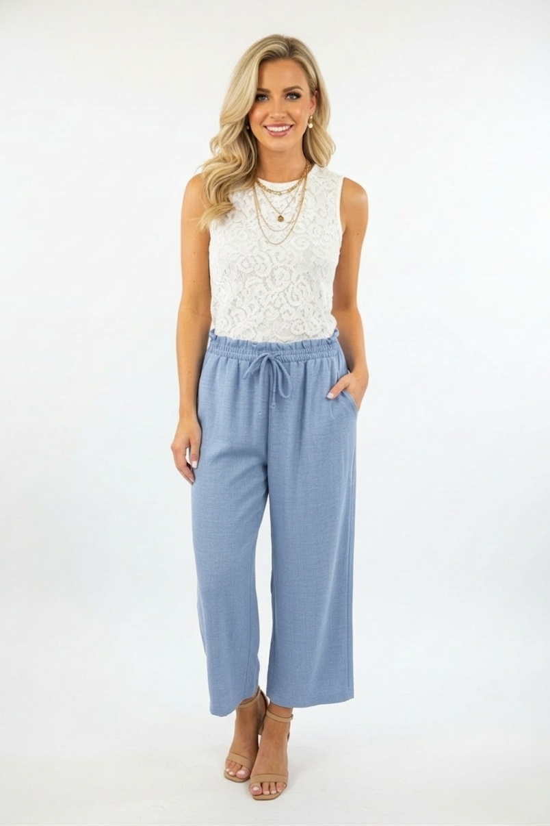 1013 Misty Blue Crop Drawstring Pants with side pocket