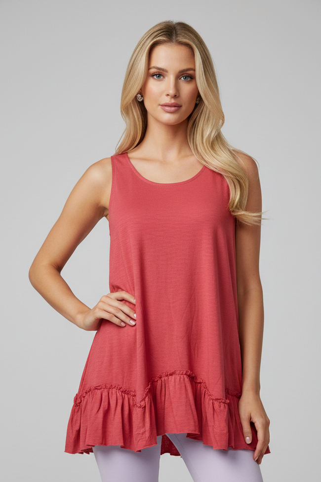319 Deep Coral Ruffle-Hem Sleeveless Top