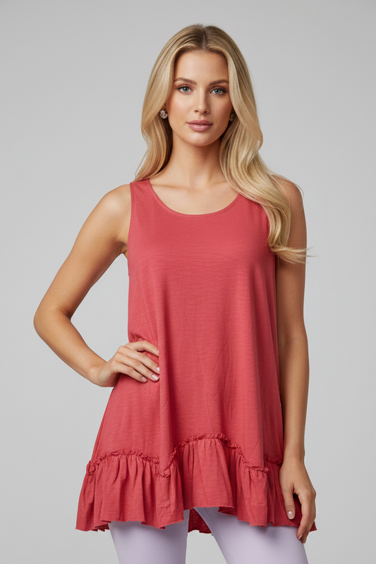 319 Deep Coral Ruffle-Hem Sleeveless Top