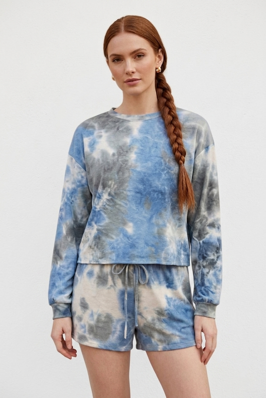 18929 Blue Gray Tie-Dye Long Sleeves Top and Shorts Set