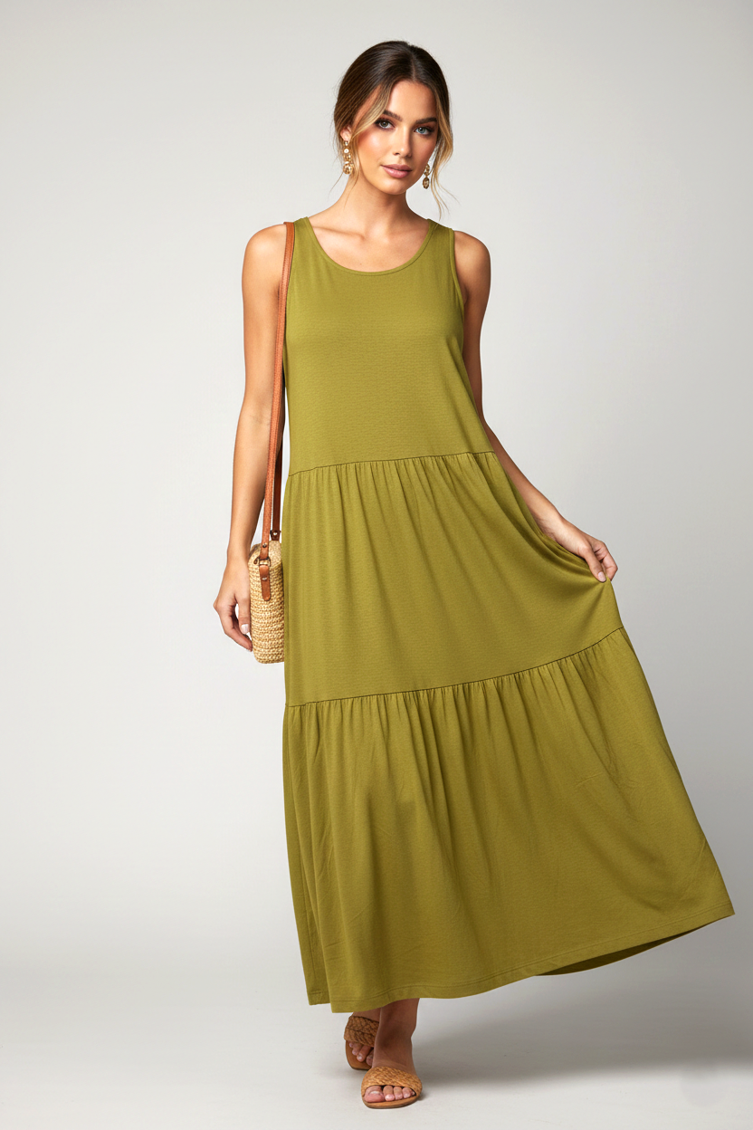 43050 Olive Mustard Tiered Maxi Dress