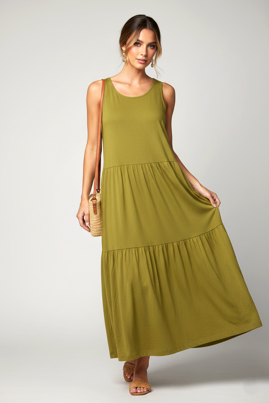 43050 Olive Mustard Tiered Maxi Dress