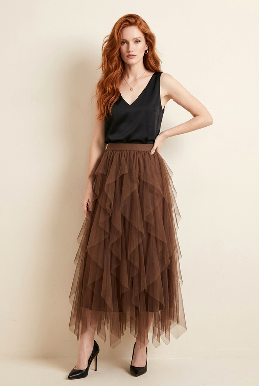 9011 Mocha Dream Tulle Maxi Skirt