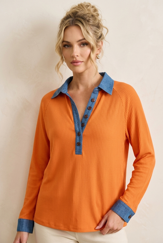 6277 Chic Orange Denim Trim Top