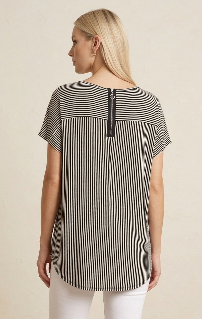 16005 Black & White Stripe Hi-Low Blouse with Zipper Back