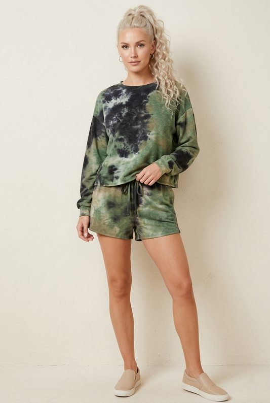 18929 Olive Tie-Dye Long Sleeves Top and Shorts Set