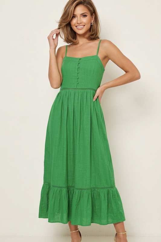 4825 Green Button-Front Lined Midi Dress