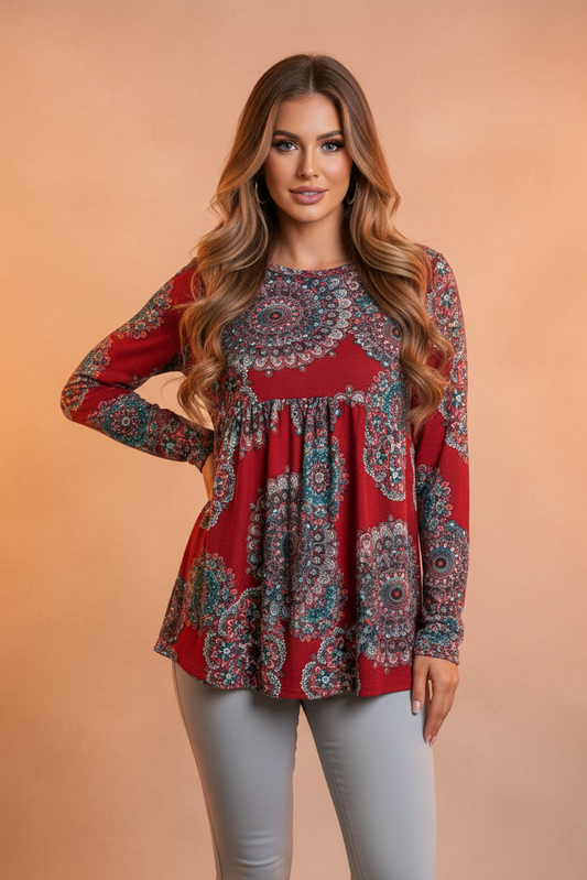 5708 Red Bohemian Babydoll Blouse