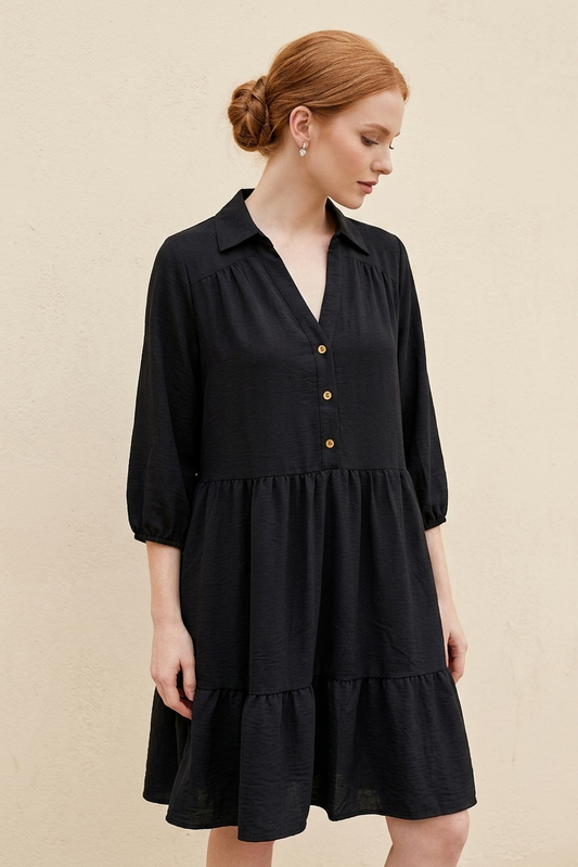 3960 Midnight Black Tiered Dress with Button Detail Dress