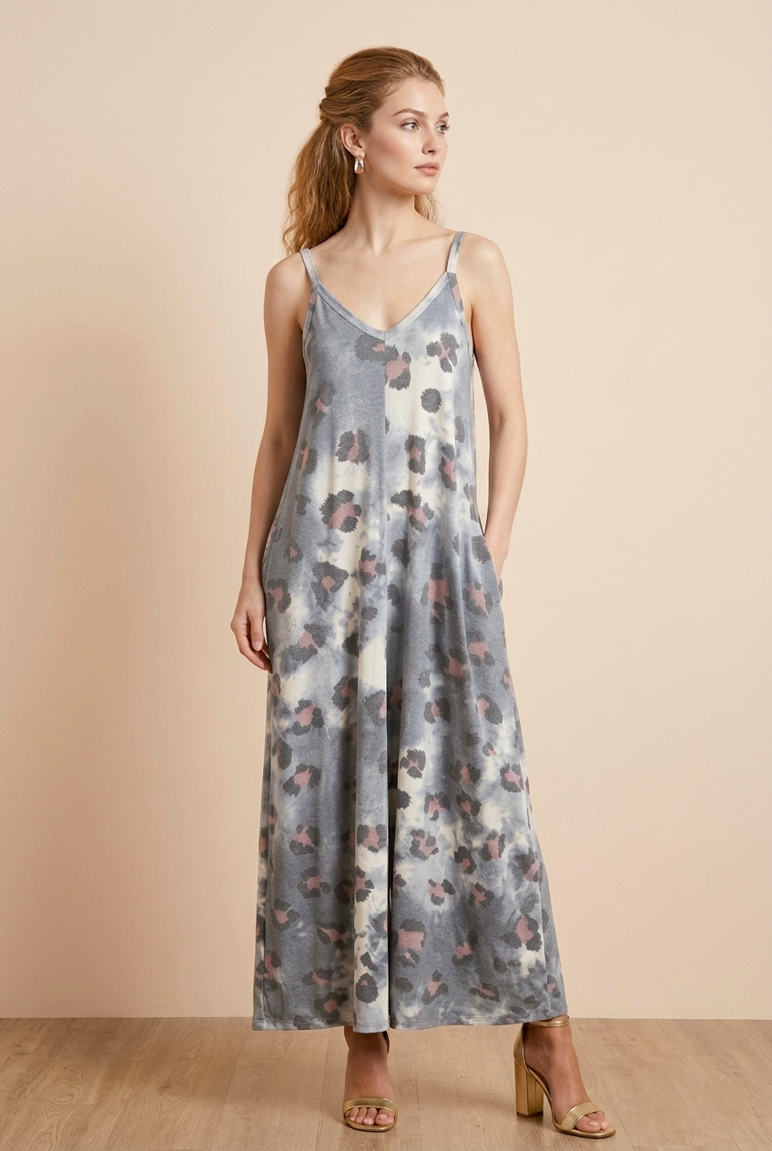 8434 Smoky Gray Leopard Maxi Dress with pockets