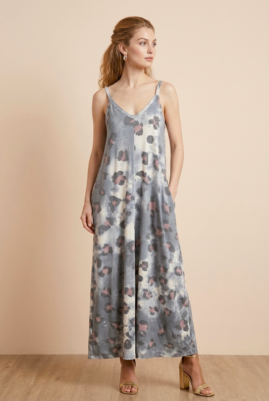 8434 Smoky Gray Leopard Maxi Dress with pockets