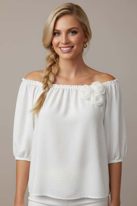 5656 Whimsical White with Flowers Appliqué Blouse