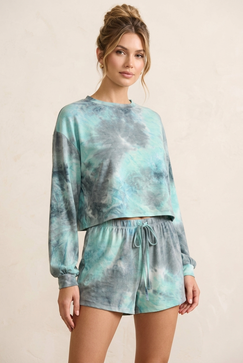 18929 Mint Gray Tie-Dye Long Sleeves Top and Shorts Set