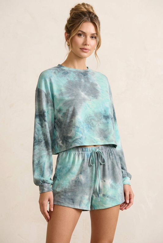 18929 Mint Gray Tie-Dye Long Sleeves Top and Shorts Set