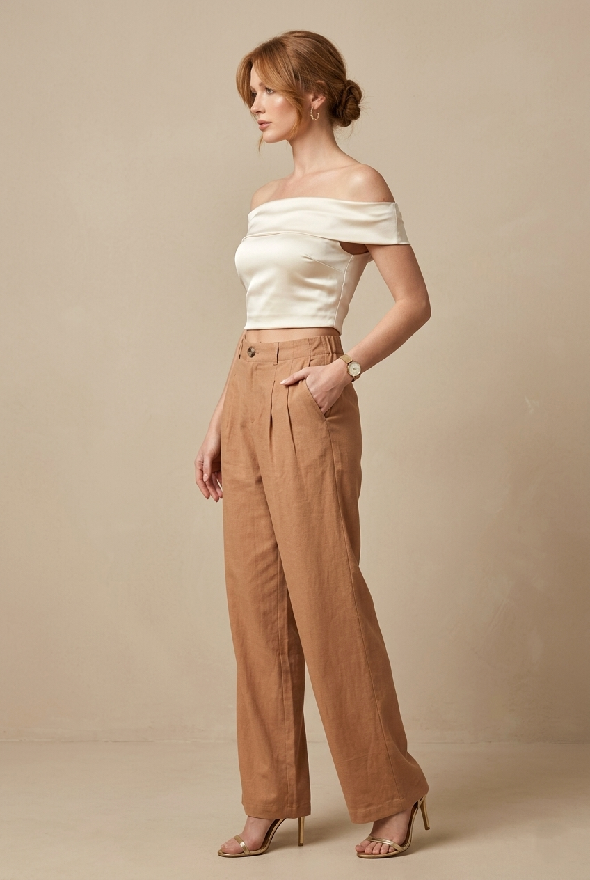 6983 Caramel Pleated Linen Pants with pockets