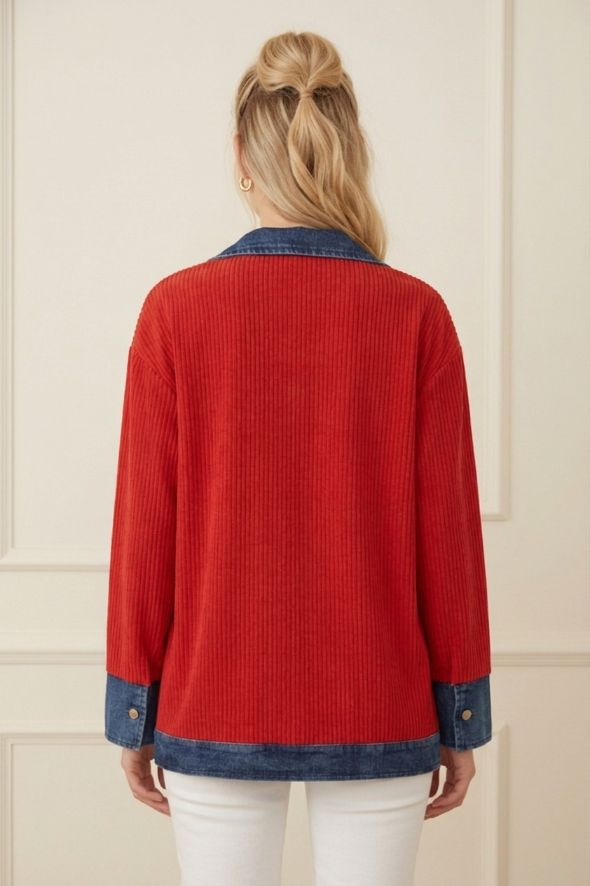 6416 Red Ribbed Denim Trim Jacket