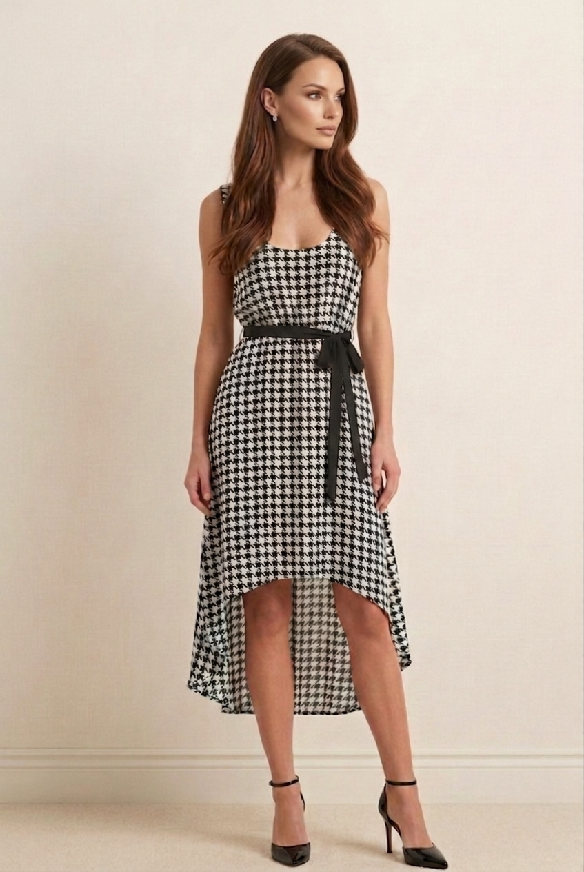 10534 Black & White Houndstooth Flowy Midi Dress