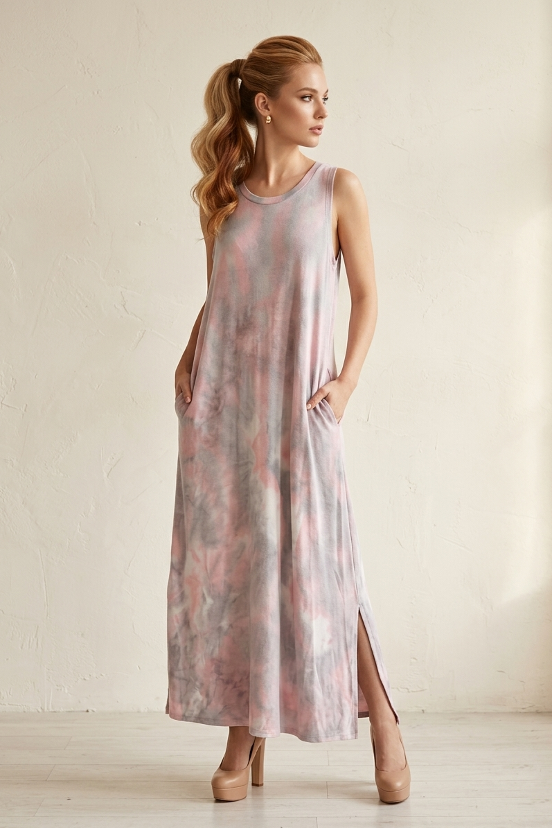 5119 Blush & Gray Tie-Dye Maxi Dress with Pockets