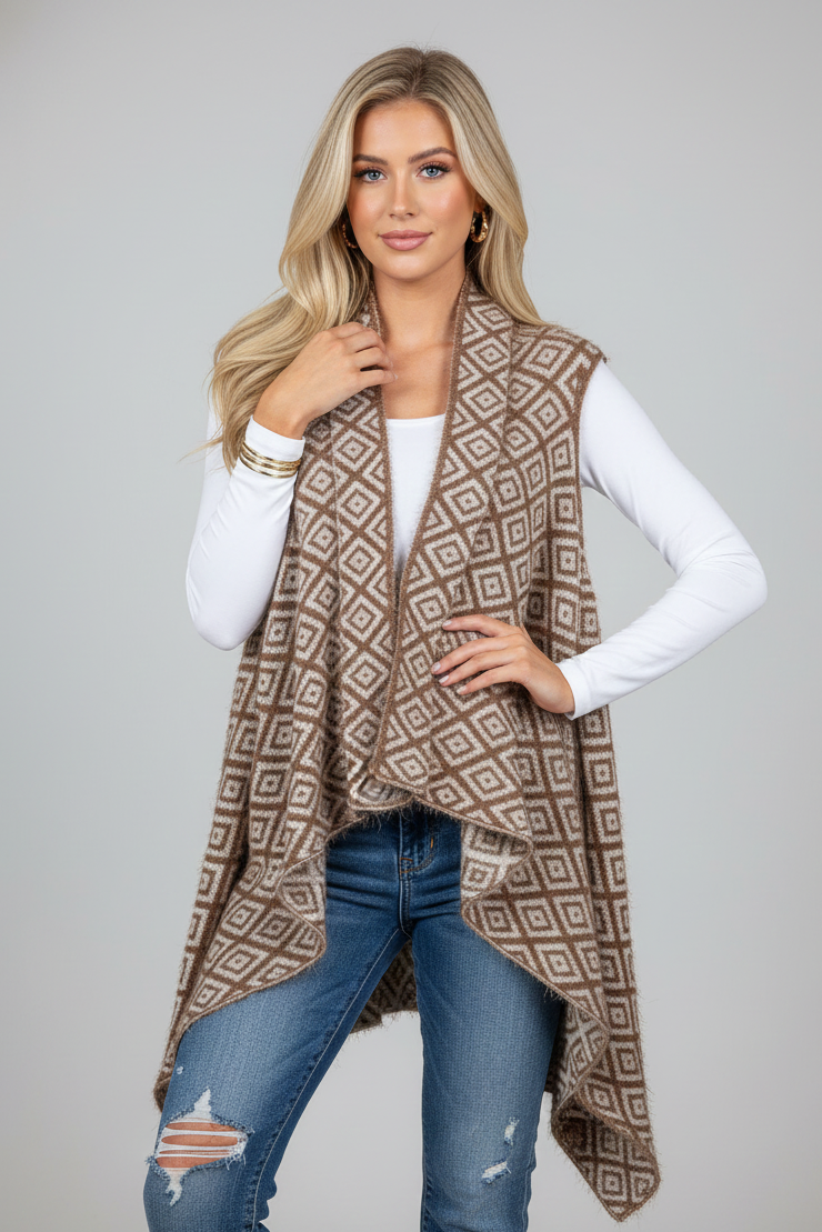 60325 Brown & Cream Geometric Diamond Reversible Vest