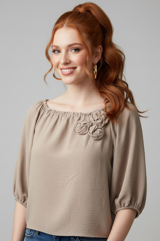 5656 Taupe with Flowers Appliqué Blouse