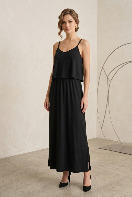 8022 Black Ribbed Maxi Dress with Layered Cami Top
