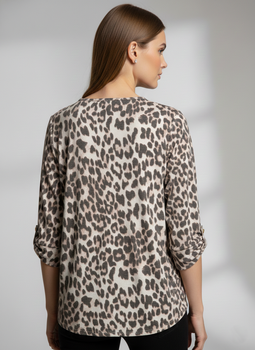 2172 Leopard Print Button-Tab Blouse