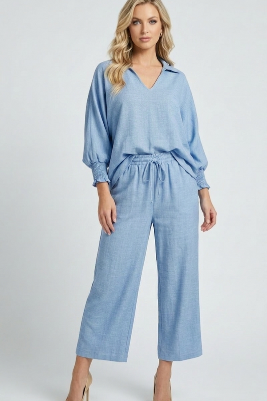 5820-S Misty Blue Smocked Sleeve Blouse and Drawstring Pants Two-Piece Set