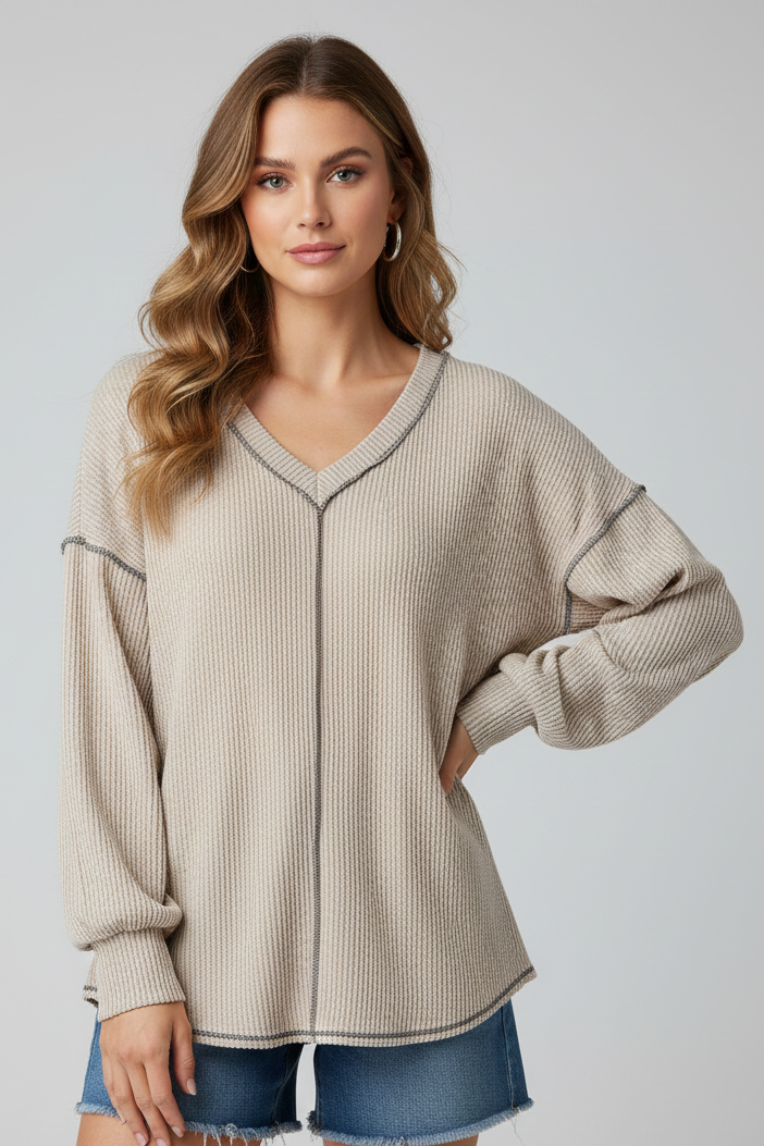 3396 Oatmeal Ribbed V-Neck Top with Contrast Stitching