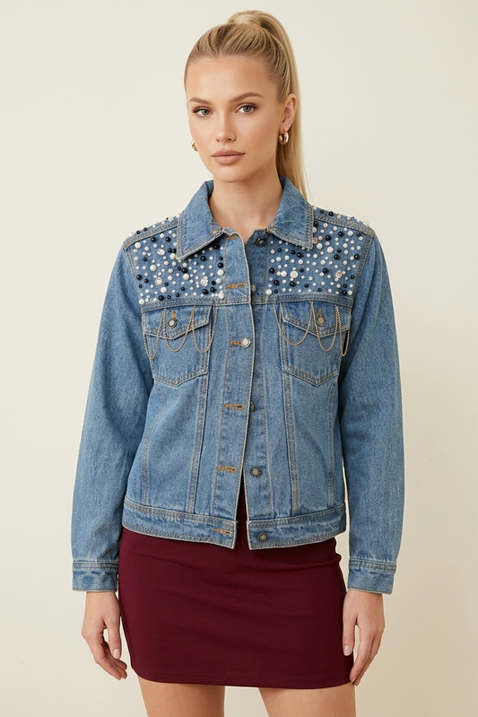 331 Glam Pearl & Rhinestone Denim Jacket
