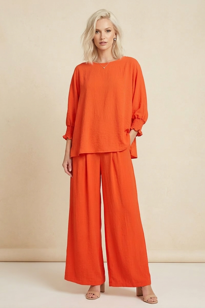 5547-S Orange Smocked Sleeve Blouse and 6122 Pleated Trousers Two-Piece Set