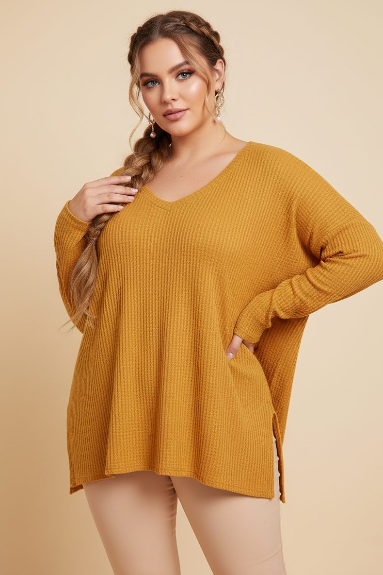 25086 Chic Mustard Waffle V-Neck Top Plus