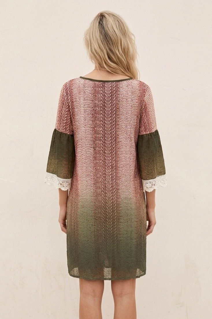 4399 Olive & Burgundy Crochet Trim Dress