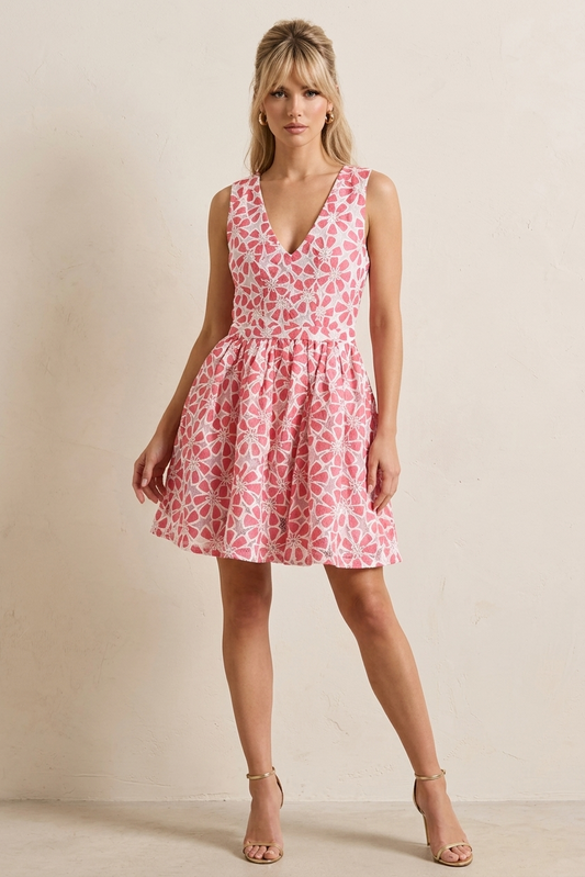213156 Coral Blossom Lace Mini Dress